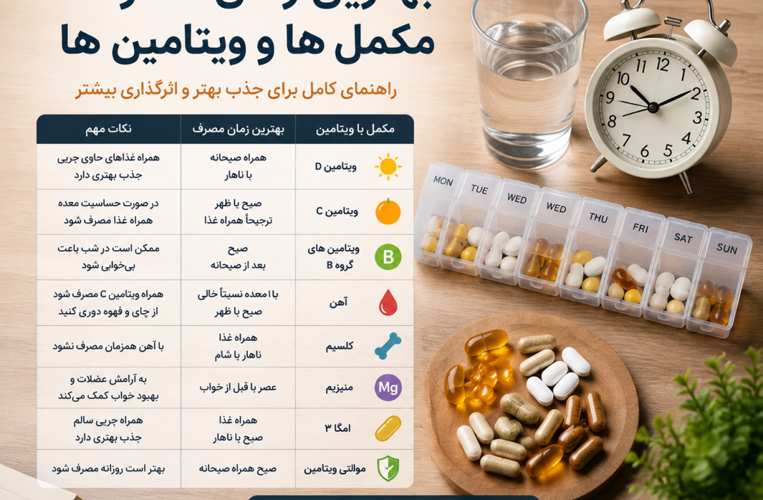 بهترین زمان مصرف مکمل ها و ویتامین ها؛ راهنمای کامل زمان‌بندی برای جذب بهتر