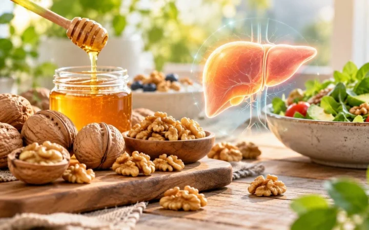 گردو و عسل برای کبد چرب؛ ترکیب مفید یا پرکالری؟ بررسی فواید و مقدار مصرف